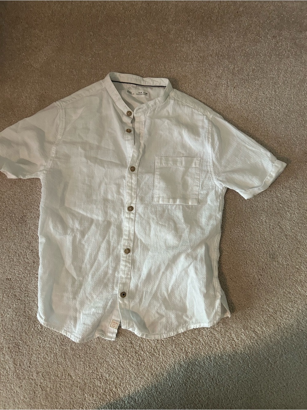 Zara White Short-Sleeve Band Collar Button-Up Shirt